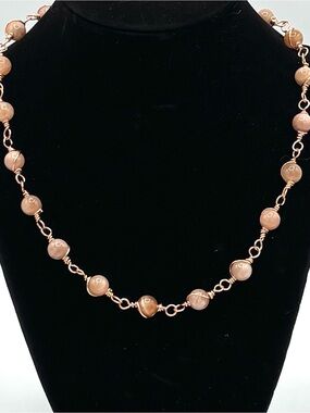 Hand Crafted Sunstone Beaded Linked Necklace - Peach Sunstone with Copper Chain